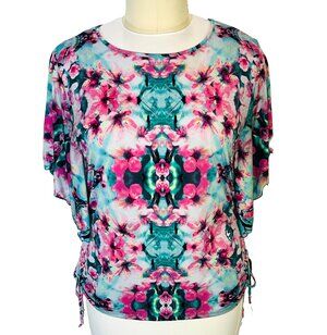 Style & Co Blouse Women's XL-2X Pink Mint Green Kaleido Print Butterfly Sleeve